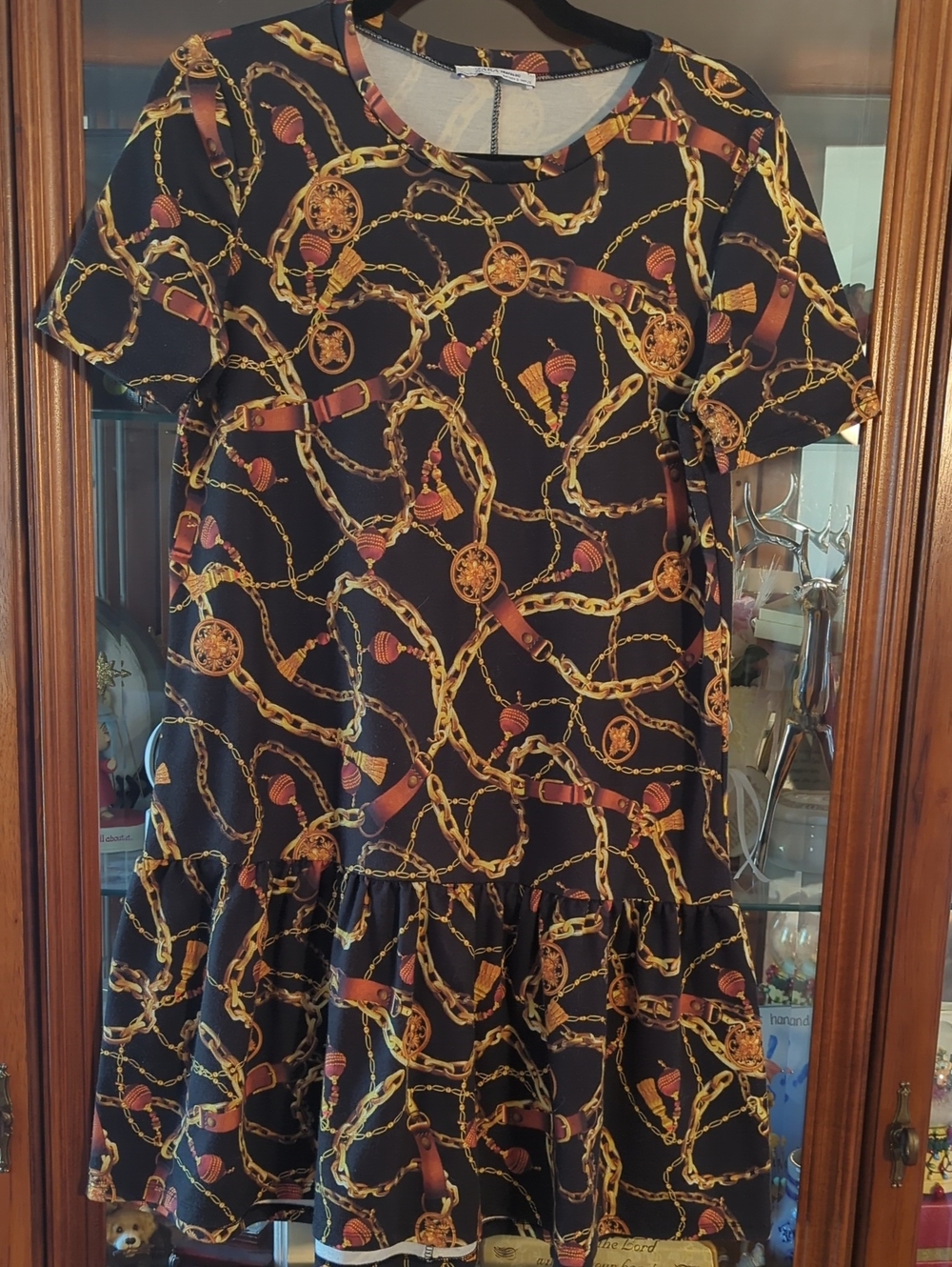 Zara Black Mini Dress with Gold Chain and Brown Belt Print